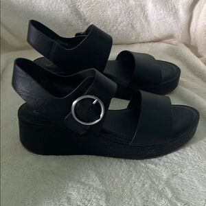 Sofft Black Wedge Sandals with Silver Buckle